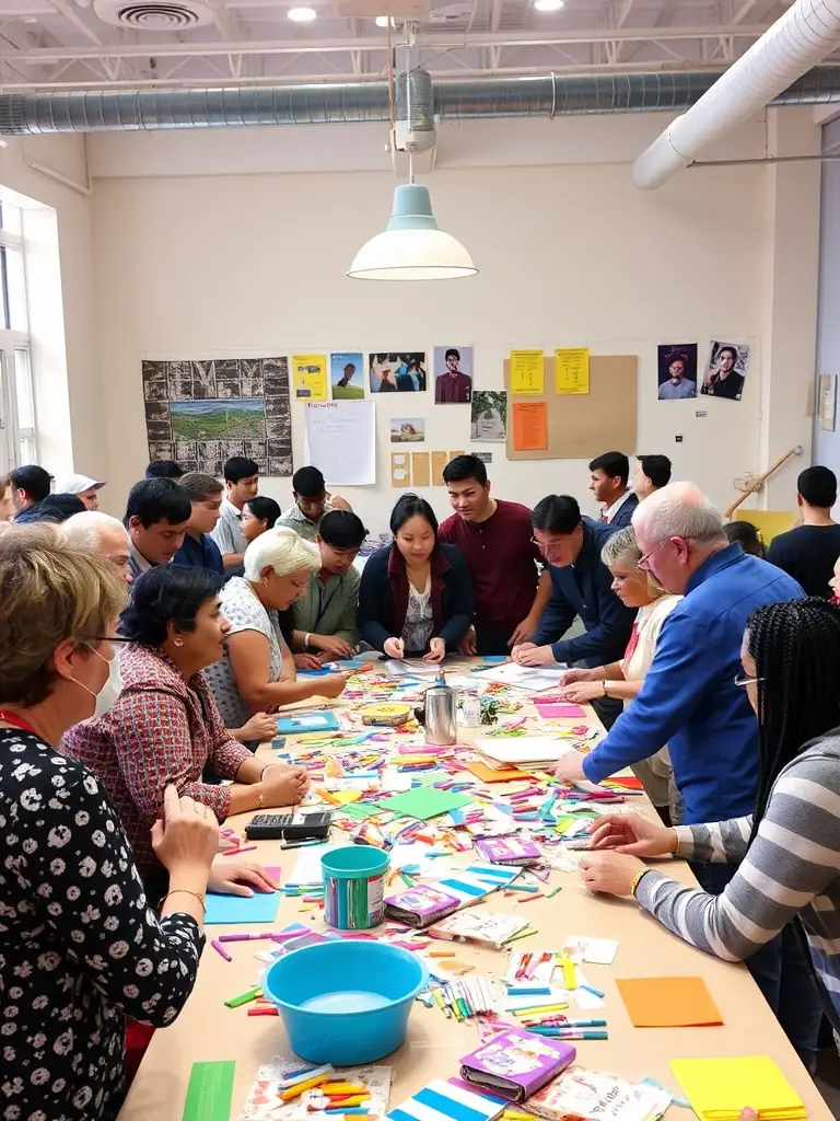 A photograph capturing a collaborative art workshop in a vibrant cultural venue in Normandy, showcasing artists and community members working together on a creative project.