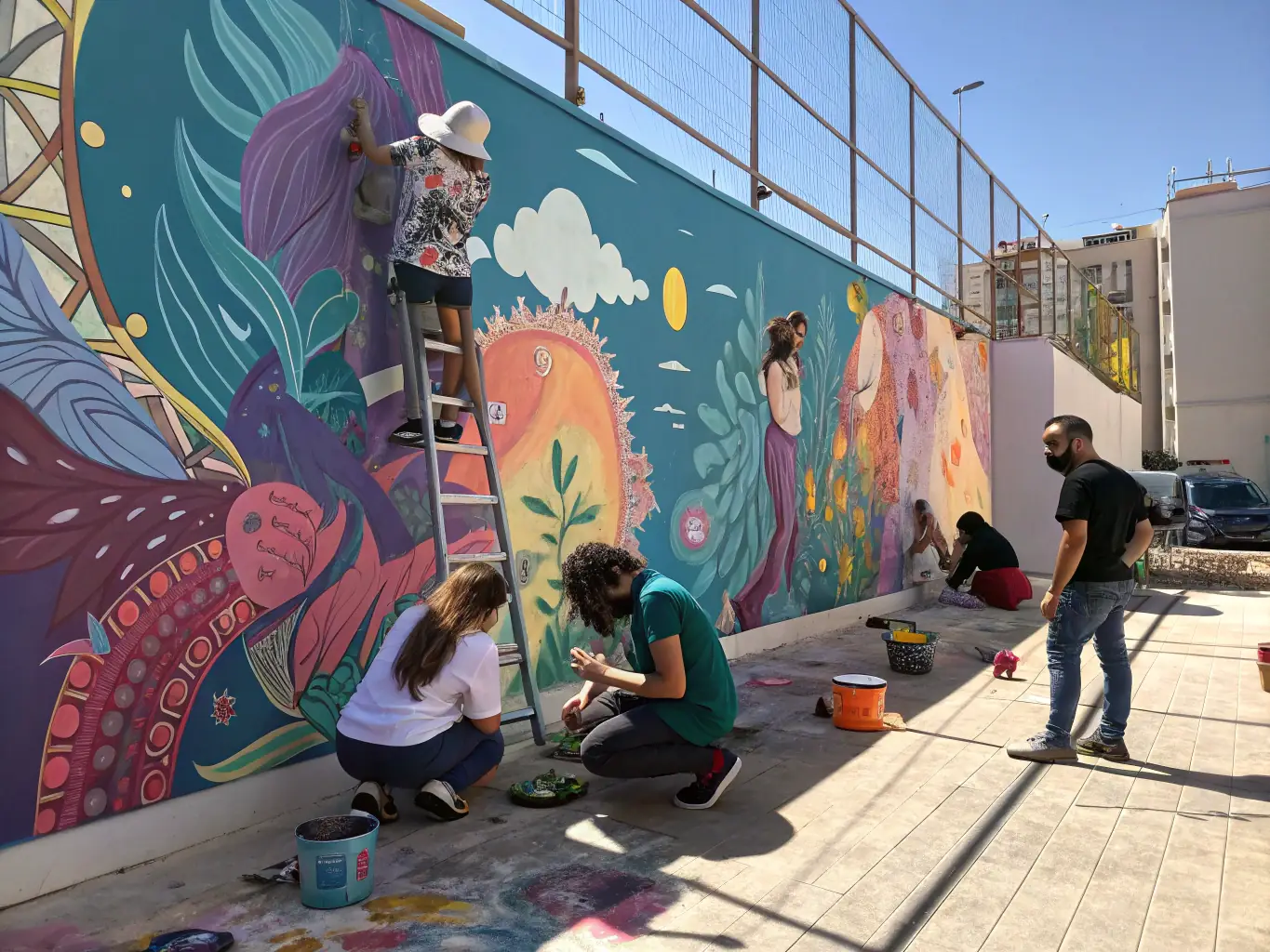 A vibrant, colorful image depicting a group of artists collaborating on a mural in a public space in Normandie, showcasing community engagement and artistic expression.