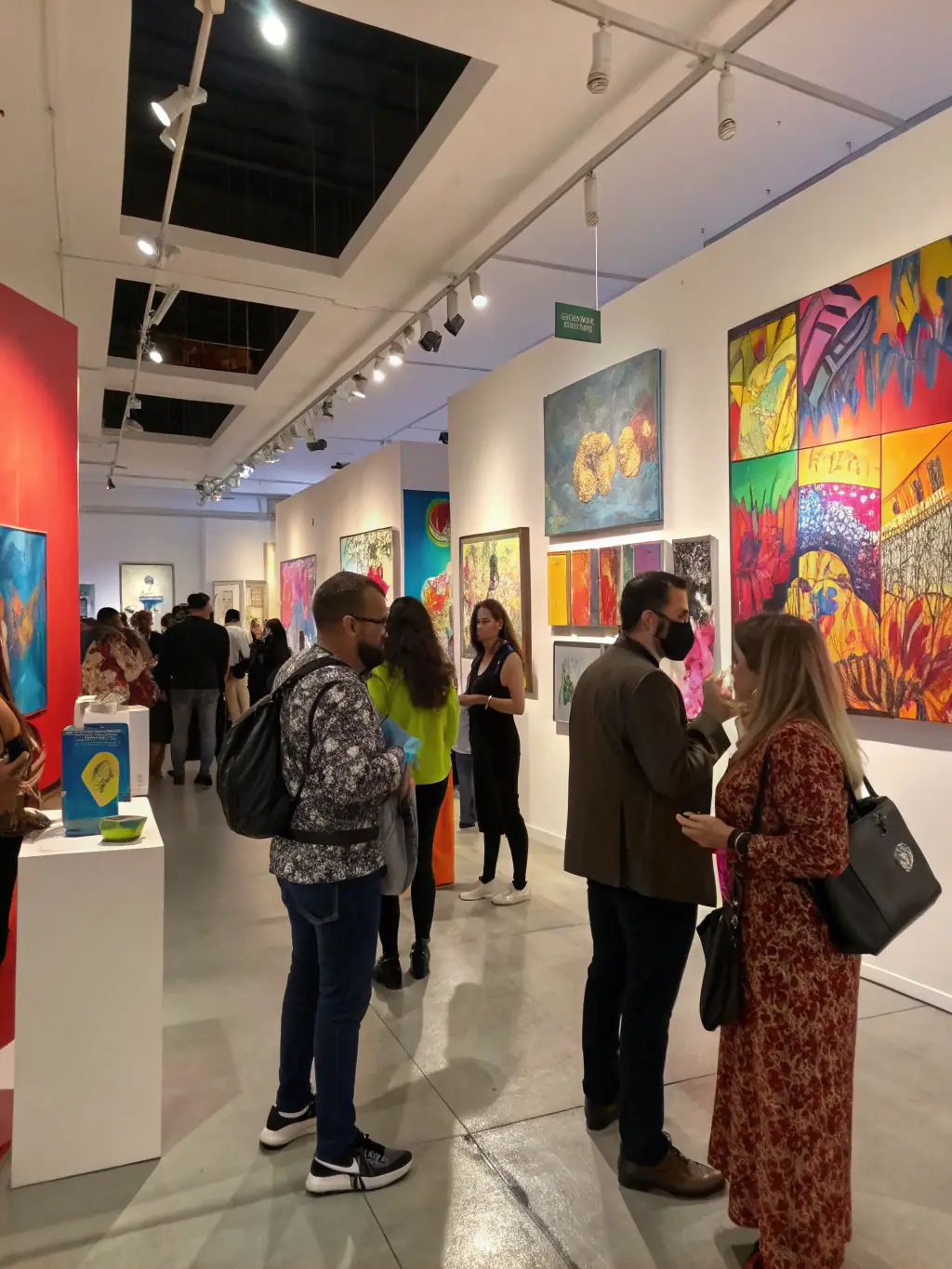A photo of a successful art exhibition supported by LE L I E N, featuring local artists and attracting a diverse audience.
